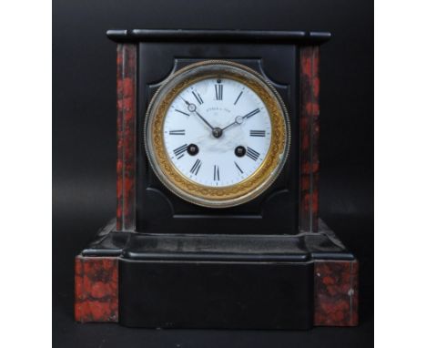Victorian 19th century French marble and slate Stier &amp; Son eight day mantel clock. Rectangular form with red marble desig