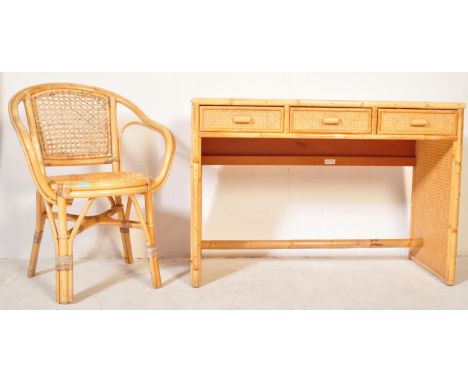 A retro vintage 20th century bamboo wicker rattan writing conservatory desk with chair. The desk having a cane webbing rattan