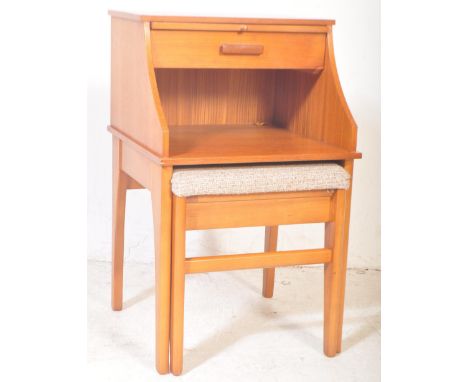 Mr Chippy - A vintage retro mid 20th century Mr Chippy teak telephone table having upholstered seat aside pigeon hole with si