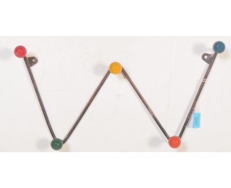 A retro vintage mid 20th Century sputnik atomic coat hooks / rack of 'W' shape form with painted multi coloured wooden ball f
