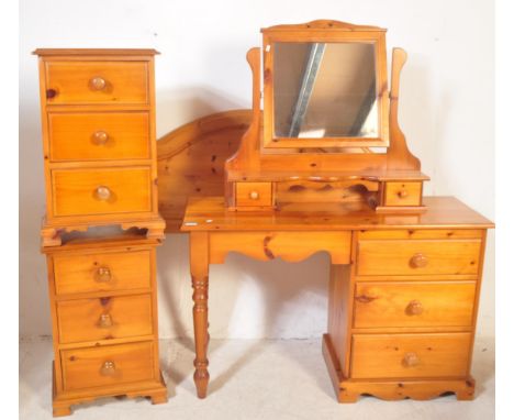 A retro vintage 20th Century pine bedroom suite. Comprising of; two bed side tables / cabinets with a bank of three drawers, 