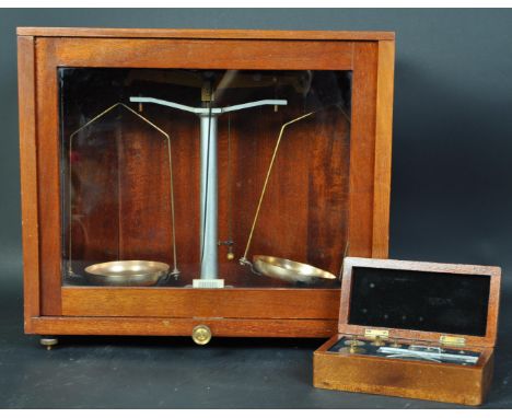 A set of vintage circa 1960s cased laboratory balance scales by London makers A N Beck &amp; Son. Brass circular pans with a 