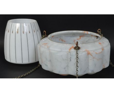 An early 20th century circa. 1930's Art Deco era glass flycatcher pendant ceiling light shade of domed form having mottled tu