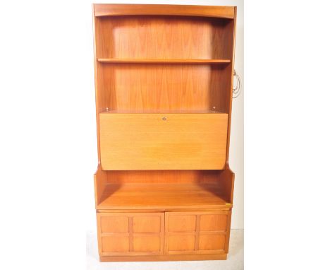 A vintage retro 20th century circa 1970s teak wood veneer wall unit / bookcase cabinet by Nathan in the Squares pattern. The 