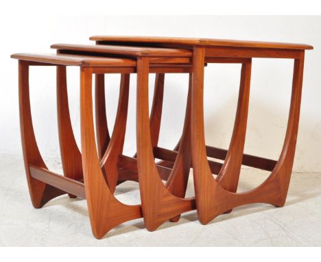 G Plan - Fresco - A retro vintage mid 20th Century teak nest of tables. Of rectangular form with veneer border to top. Angula