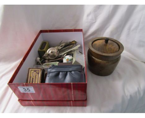 Box of collectables and treen tea caddy