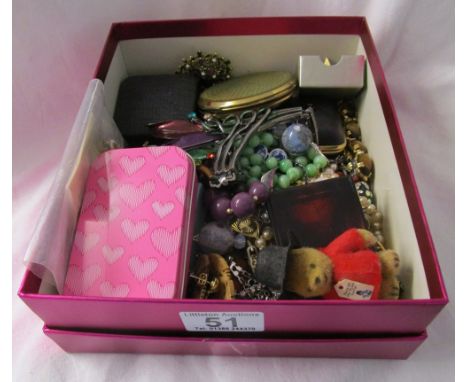 Pink box with vintage costume jewellery to include silver