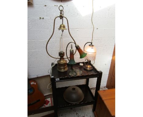 2 table lamps (1 tiffany style) & brass hanging lamp