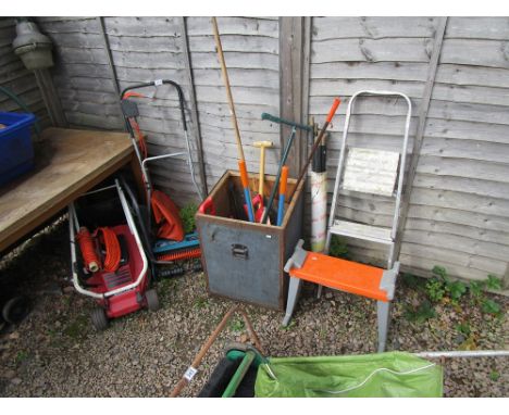 Mower, lawn raker & various garden tools