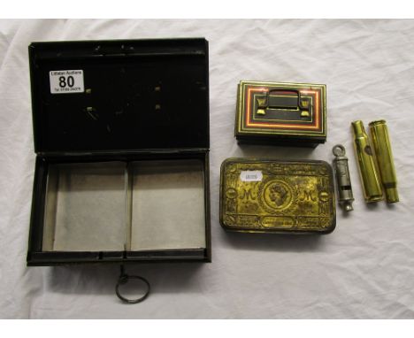 Vintage money tins, rifle shells and whistle