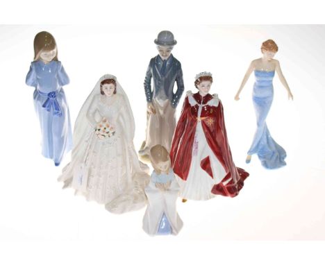 Two Royal Worcester Queen figures, Royal Doulton Diana figure, Lladro, Nao and Charlie Chaplin figure (6)