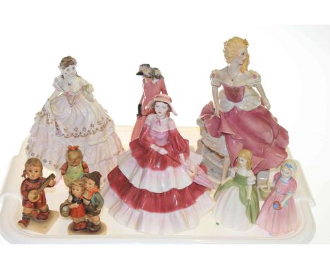 Three Royal Doulton figures, three Hummel figures, Worcester and Coalport figures and Cinderella figure (9)
