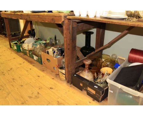Six boxes of glass, china, silver plate, bottles, light shades, clock, etc