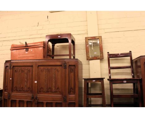 Metamorphic library chair, two stools, oak and brass framed wall mirror, tin trunk, pair Victorian octagonal footstools, oak 