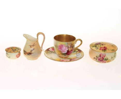 Royal Worcester rose painted cup and saucer, blush ware jug and two lidded boxes (5)