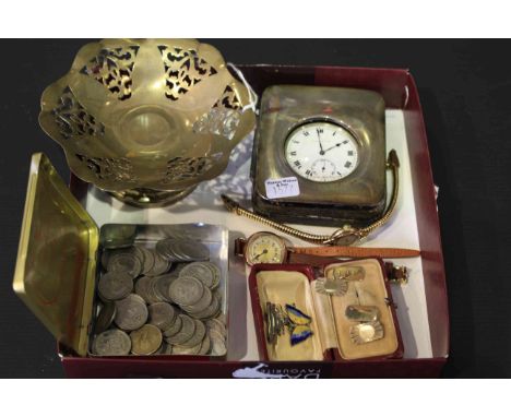Silver mounted pocket watch holder, silver bon bon dish, 9 carat gold cufflinks, two gold watches, tin of sixpences and ename