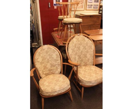 Vintage Ercol Windsor drop leaf dining table and four chairs together with a pair fireside chairs in matching fabric (7)