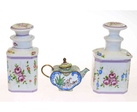Pair 19th Century floral decorated porcelain bottles and small enamel teapot (3)