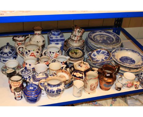 Gaudy Welsh jugs, blue and white china, Ringtons caddy, Masons jug and vase, etc