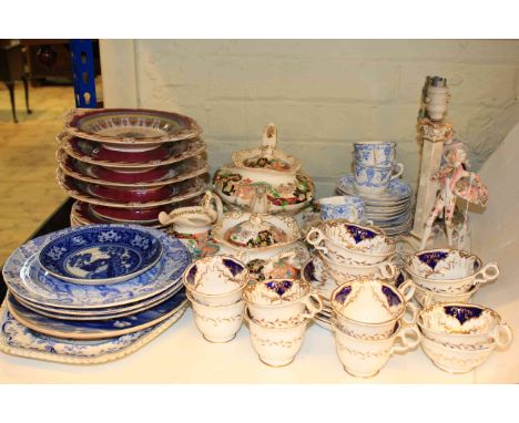 Grainger Worcester style cups and saucers, Royal Albert cups and saucers, Victorian plates and serving dishes, pair of lamps,