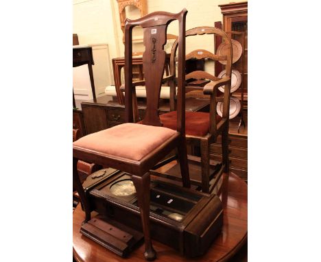 Mahogany Sutherland table, oak ladder back elbow chair, mahogany side chair and 1920's wall clock (4)