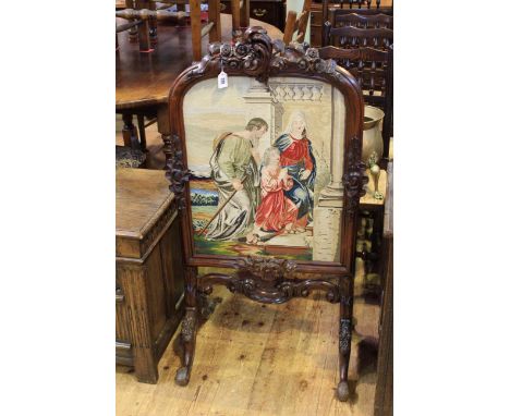 Victorian rosewood and needlework panel firescreen