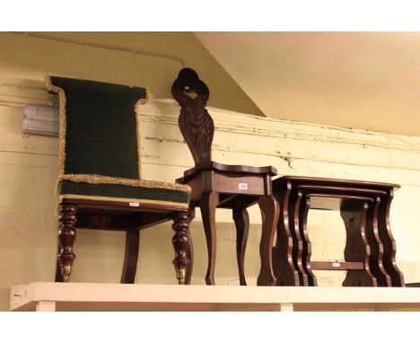 Victorian turned leg nursing chair, carved sewing chair, nest of three Ercol tables and oak framed wall mirror (4)