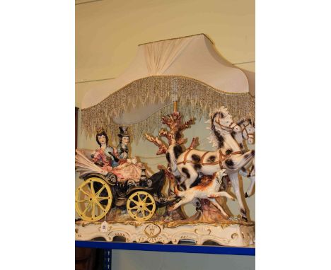 Large Capodimonte lamp and shade modelled as couple in carriage pulled by two horses