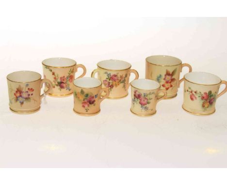 Seven miniature Royal Worcester blush ware tankards