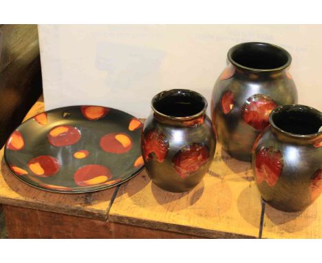 Poole pottery Galaxy plate and three Poole vases