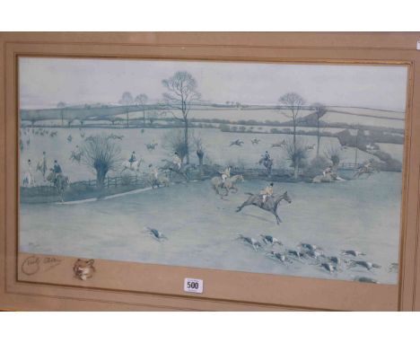 After Cecil Aldin, In Full Cry, coloured lithograph, signed in pencil on the mount and with pencil and crayon sketch of a fox