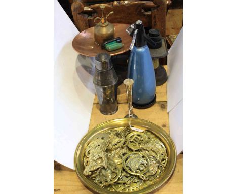 Kitchen scales and weights, cocktail shaker, soda siphon, horse brasses, etc