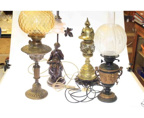 Oil lamp, two converted lamps and figure table lamp (4)