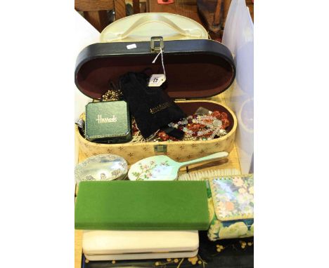 Collection of costume jewellery, two enamel backed brushes, ladies scents, etc