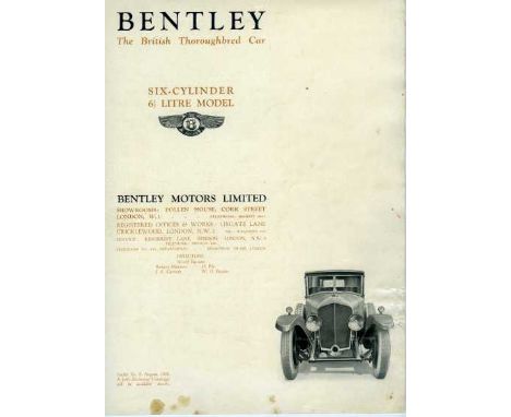 Bentley - Six Cylinder 6 1/2 Litre Model. Probably Bentley's first six cylinder leaflet No 9 dated August 1926,  8 pp. includ