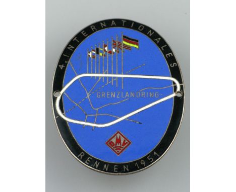*International Rennen 1951. A rare four-colour enamel large oval participant's plaque having an outline of the course and a l