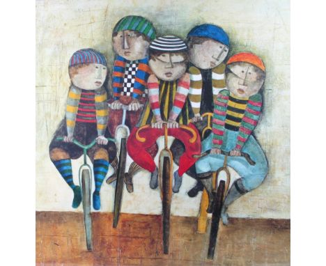 *Boulanger, Graciela Rodo. 'Boys at Large',  a lithographic colour print depicting five boys on bicycles, in the stylized ren