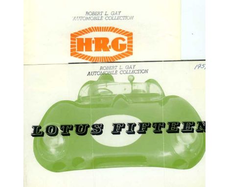 Lotus Fifteen. A two-fold leaflet with monochrome images of the '15' with body attached, chassis frame and racing, circa 1959