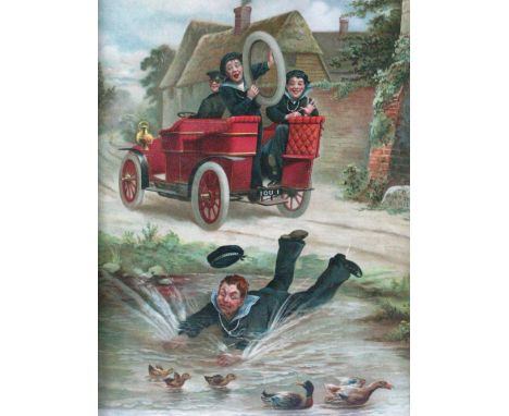 *A circa 1905 Motoring Accident. A colour lithographic print illustrating a rear entrance tonneau motor-car with two young sa