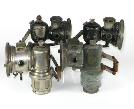 *Three acetylene gas lamps by Lucas, a 'Calcia Major', and two versions of the pre-WWI 'Aceta Major', also, a Powell and Hanm