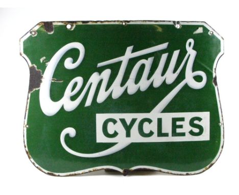 *Centaur Cycles. A two-colour enamel advertising sign in a horizontal shield shape,  some minor chipping to the edges and a l