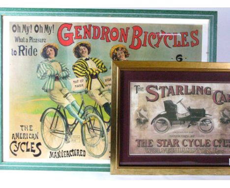 *The Starling Car & Star Cycle Co, reproduction advertising print,  framed and glazed, also, Gendron Bicycles, a reproduction