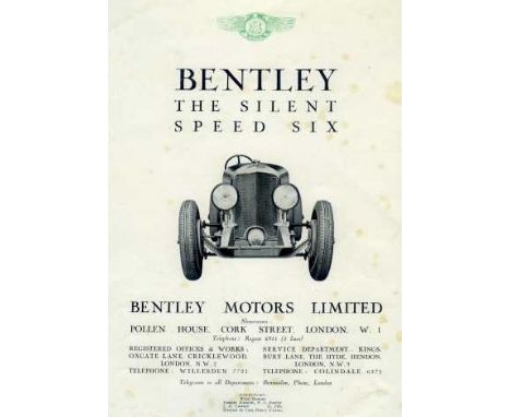 Bentley Speed Six - 1930. A large format 'The Silent Speed Six' Leaflet No 31, dated January 1930,  possibly the first Speed 