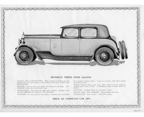 Beverley 22-90hp - 1930. A 12 pp. landscape style brochure for this 2956cc 'Straight Eight' motor-car circa 1930,  illustrati