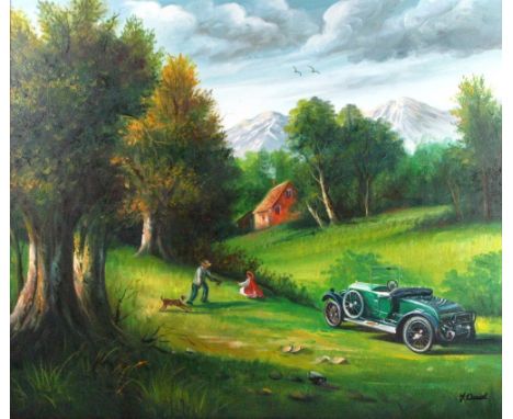 *David (J.). An oil on board depiction of a 14/40hp Vauxhall at rest in a pastoral scene,  well-crafted, framed  (1)