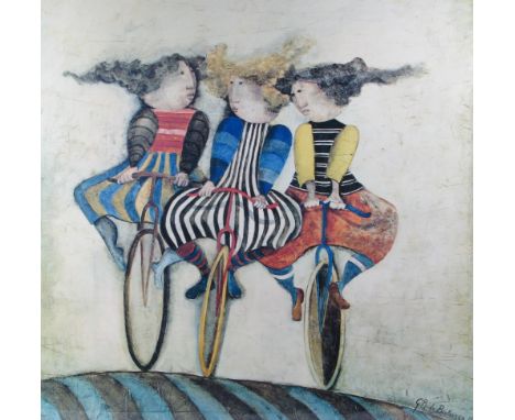 *Boulanger, Graciela Rodo. 'Girls at Large',  a lithographic colour print depicting three women on bicycles, in the stylized 