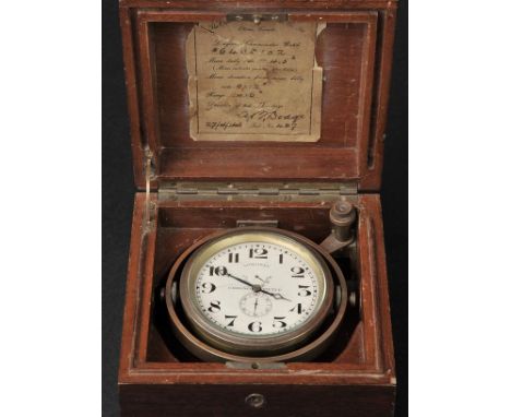 *Marine Chronometer. A WWII Longines marine keyless chronometer,  the 8 cm circular white dial with black Arabic numerals, su