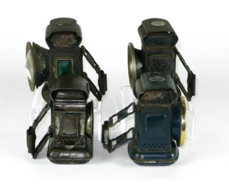 *A circa 1914 'Warna' oil-powered rear lamp and three other Lucas-manufactured front oil lamps,  all of steel construction  (