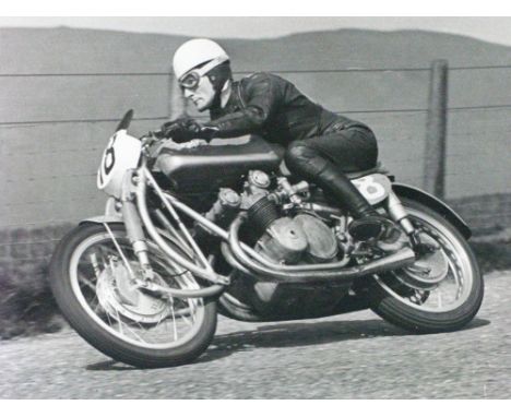*Three large monochrome photographs. Geoff Duke on his 500cc Norton winning the 1950 IOM TT, Les Graham on his MV Augusta in 