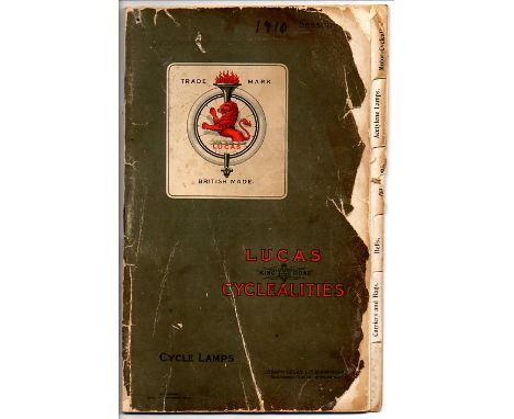 An 1911 Lucas Ltd., illustrated catalogue, issued in November 1910,  the contents include lamps, tools, bells, pumps, oilers,